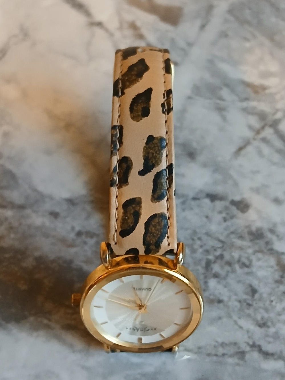 LA Express Gold-Tone Watch with Beige Leopard Print Strap